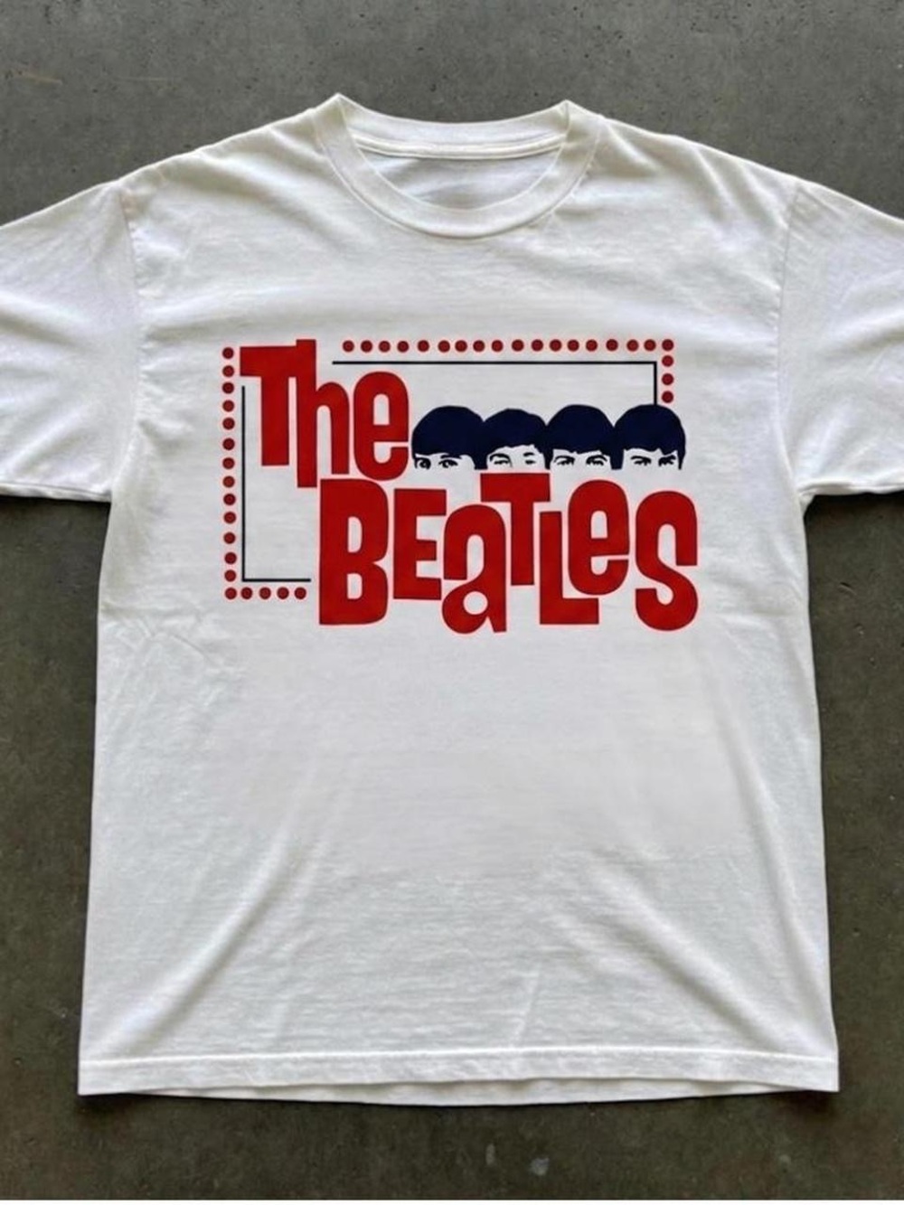 Gildan White Tee with Red Beatles Logo and Navy Silhouettes